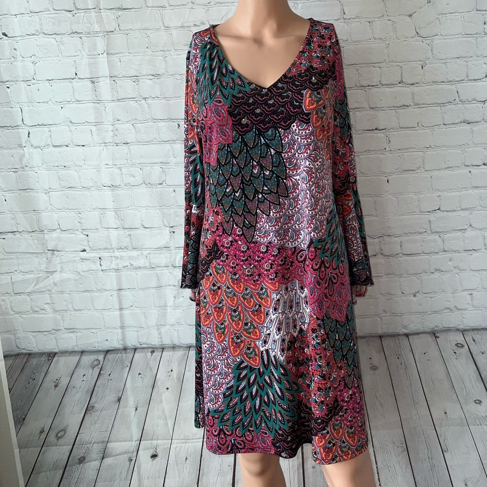 MSK Pink, Green & Orange floral long sleeve dress size L